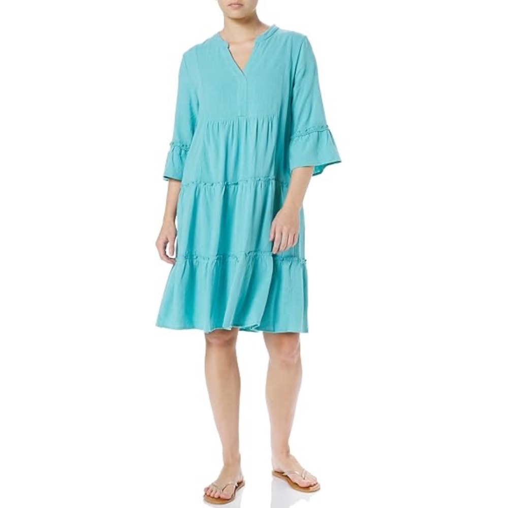 Multiples Womens‎ Tiered Fringe Hem Dress 2X Aqua Blue Rayon Linen Blend New